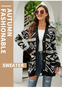Detailed view of the stylish geometric jacquard knit cardigan, showcasing cozy winter fashion.