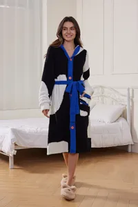 Thick flannel hooded bathrobe for women, cozy winter sleepwear with belt and pockets.