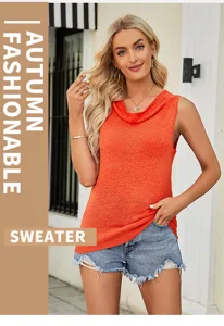 Orange sleeveless cowl neck knit sweater top detailed view, soft texture, casual autumn wear.