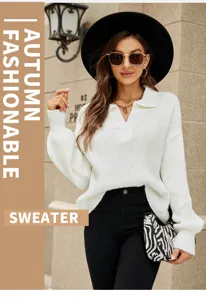 Vrouwen witte gebreide trui, elegante revers lange mouw losse pullover top voor de herfst.
