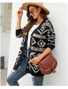 Women's geometric knit cardigan open front long sleeve casual sweater outerwear stylish top