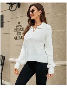Dames witte polo kraag gebreide truien casual lange lantaarnmouw zachte trui top