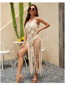 Beige crochet hollow-out strap long tassel beach cover-up, sexy summer swimwear bikini dress.