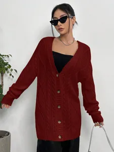 Γυναικείο casual φαρδύ πλεκτό cardigan πουλόβερ με V λαιμό λεπτομέρεια και κουμπιά