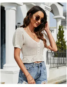 Top en tricot creux à manches courtes d'été, pull court col V décontracté pour femmes.