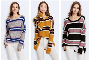 Close-up details of women's striped knit sweater, soft fabric and classic striped patterns.