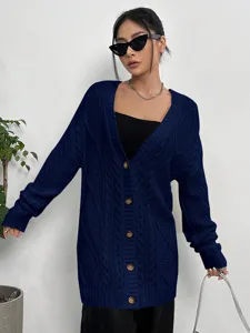 Γυναικεία casual φαρδιά πλεκτή ζακέτα πλεξούδα V λαιμόκοψη μακρυμάνικη στυλάτη μπλούζα