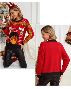 Maglione lavorato a punto rosso di Natale da donna, dolce pullover camino, top invernale