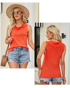 Women's sleeveless cowl neck knit top casual summer pullover sweater vest orange top