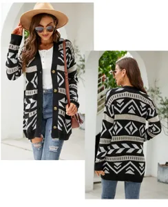 Geometric knit cardigan detail showing the back view of the stylish sweater coat for women.