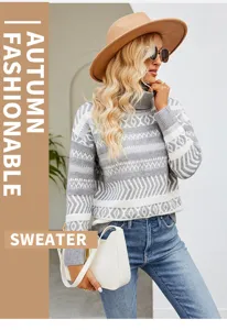 Womens oversized turtleneck sweater autumn winter casual knit pullover with geometric pattern.