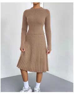 Solid color knit two-piece sweater set with a-line skirt, slim fit autumn winter outfit.