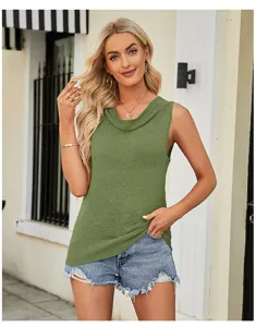 Detail view of the green sleeveless knit top showcasing cowl neck design and soft fabric texture.