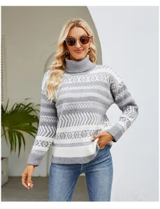 Casual loose grey and white geometric pattern turtleneck sweater for women autumn winter daily wear.