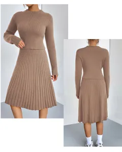 Solid color knitted sweater and A-line skirt set, elegant two-piece autumn winter outfit.