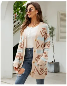 Women's geometric jacquard knit cardigan, loose mid-length sweater coat with pockets.