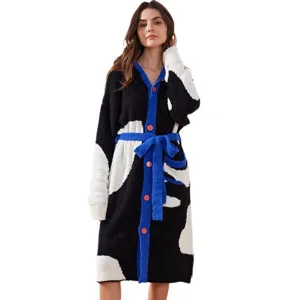 Women winter thick plush fleece long cardigan bathrobe cozy sleepwear with contrast belt