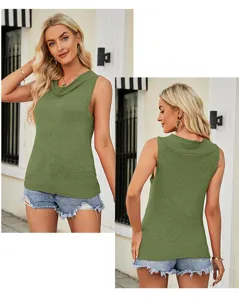 Details of the sleeveless knit top featuring a chic cowl neck and ribbed hem design.