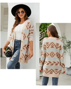 Detailed view of women's geometric knit cardigan sweater, cozy longline fit with buttons.