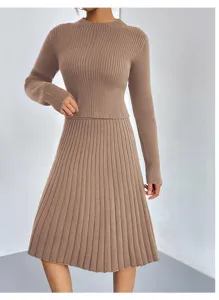 Women knit two piece set ribbed sweater long sleeve midi skirt casual autumn winter outfit