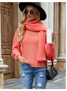 Detalles del jersey de punto grueso para mujer con bufanda a juego en color coral.