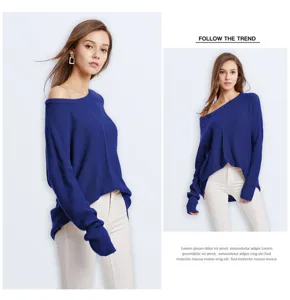 Detailed view of a casual blue off-shoulder knit sweater for women, comfortable long sleeve.