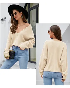 Casual losse V-hals vleermuismouw gebreide truistop voor dames, stijlvolle knitwear.