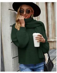 Jersey de punto de cuello alto verde oscuro con bufanda, suéter ancho de otoño invierno para mujer.
