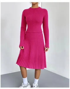 Fuchsia ribbed knit sweater and pleated skirt two-piece set, elegant autumn winter outfit.
