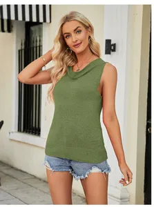 Casual army green sleeveless cowl neck knit top, stylish summer apparel detail view.