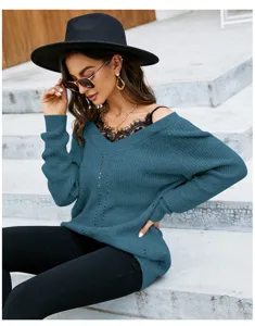 Damen sexy Spitze Patchwork V-Ausschnitt Pullover lose Strickware Freizeit Schickes Top