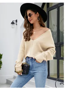 Dames casual V-hals gebreide trui lange mouw losse pullover top voor herfst en winter