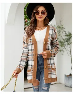 Detailed view of the stylish plaid knitted cardigan featuring classic pattern and cozy fit.
