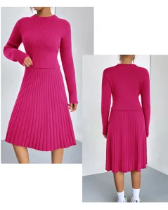 Pink knitted sweater set two piece long sleeve top and pleated midi skirt chic outfit