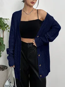 Γυναικεία Σκούρο Μπλε Πλεκτή Ζακέτα V-Neck Oversized Μακρυμάνικο Πουλόβερ Χειμώνας