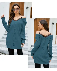 Damen sexy spitze splicing V-ausschnitt pullover lässig lose strick top mode chic