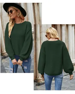 Jersey de punto verde oscuro para mujer suelto cuello redondo casual otoño invierno moda manga