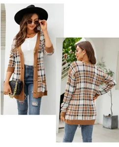 Detailed view of the plaid knit cardigan, showcasing button details and cozy texture.