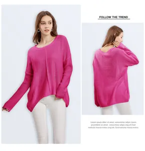 Women hot pink long sleeve knit sweater, casual crewneck pullover knitwear for autumn winter.