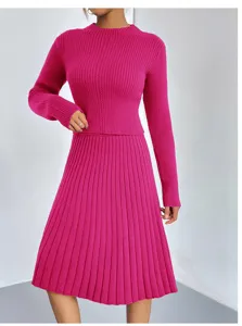 Stylish magenta ribbed knit sweater and pleated skirt two-piece set for women autumn.