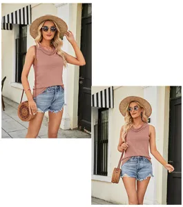 Detailed view of a stylish sleeveless cowl neck knit top in mauve, paired with chic casual wear.