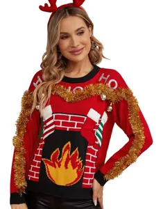 Maglione pullover in maglia rossa natalizia da donna con caminetto e lettere ricamate.