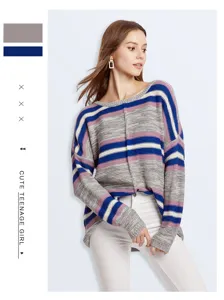 Women's casual striped long sleeve knit sweater crewneck pullover top for autumn winter.