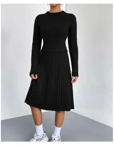 Black ribbed knit two piece sweater and midi skirt set for women, elegant slim fit outfit.
