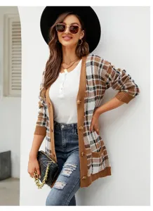 Women casual long sleeve plaid knitted cardigan autumn winter warm outerwear tops