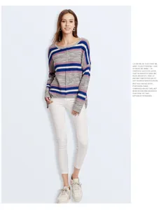 Detail shot of women striped knit sweater, casual long sleeve crewneck pullover winter top.