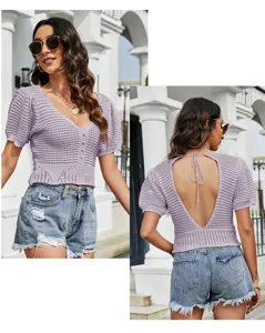 Haut en tricot manches bouffantes pour l'été, sexy dos nu col V manches courtes ajouré.