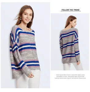 Women Striped Long Sleeve Casual Loose O-Neck Pullover Knit Sweater Autumn Winter
