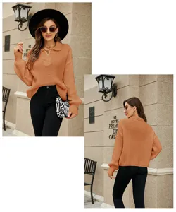 Vrouwen casual V-hals polokraag gebreide trui herfst losse lange mouwen top mode