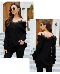 Damen Schwarzer V-Ausschnitt Spitzen Spleiß Pulli Pullover Lockeres Stricktop